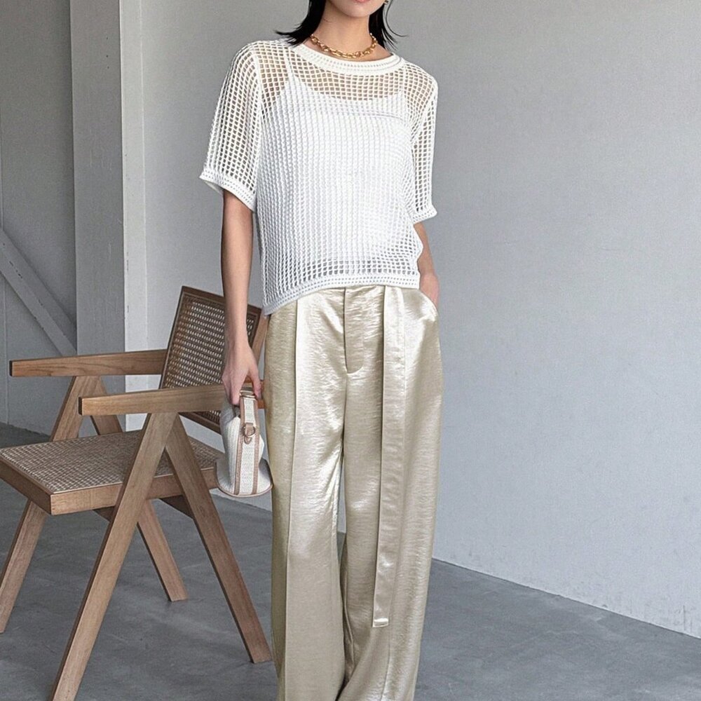 Women's satin elegant Waist Belt wide Pants, Office Style
